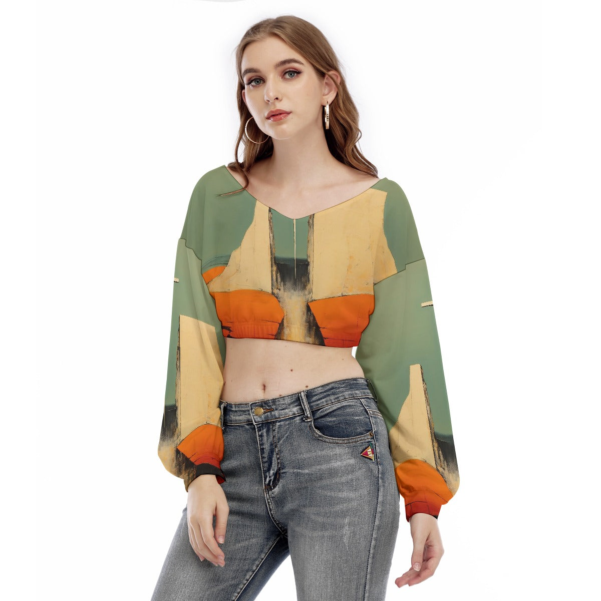 All-Over Print Women's V-neck Long Sleeve Cropped Sweatshirt