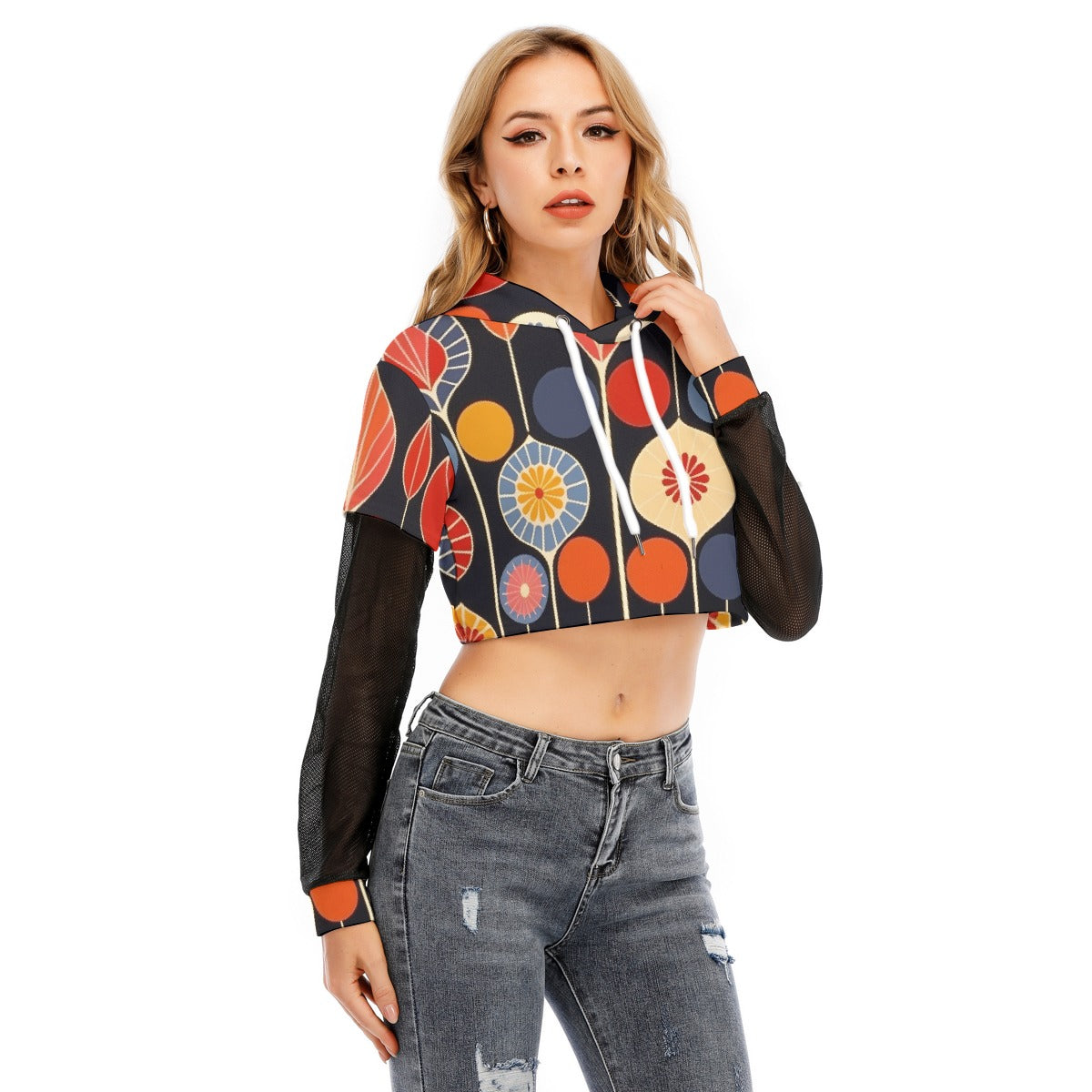 All-Over Print Women's Fake Two-piece Mesh Sleeve Cropped Hoodie