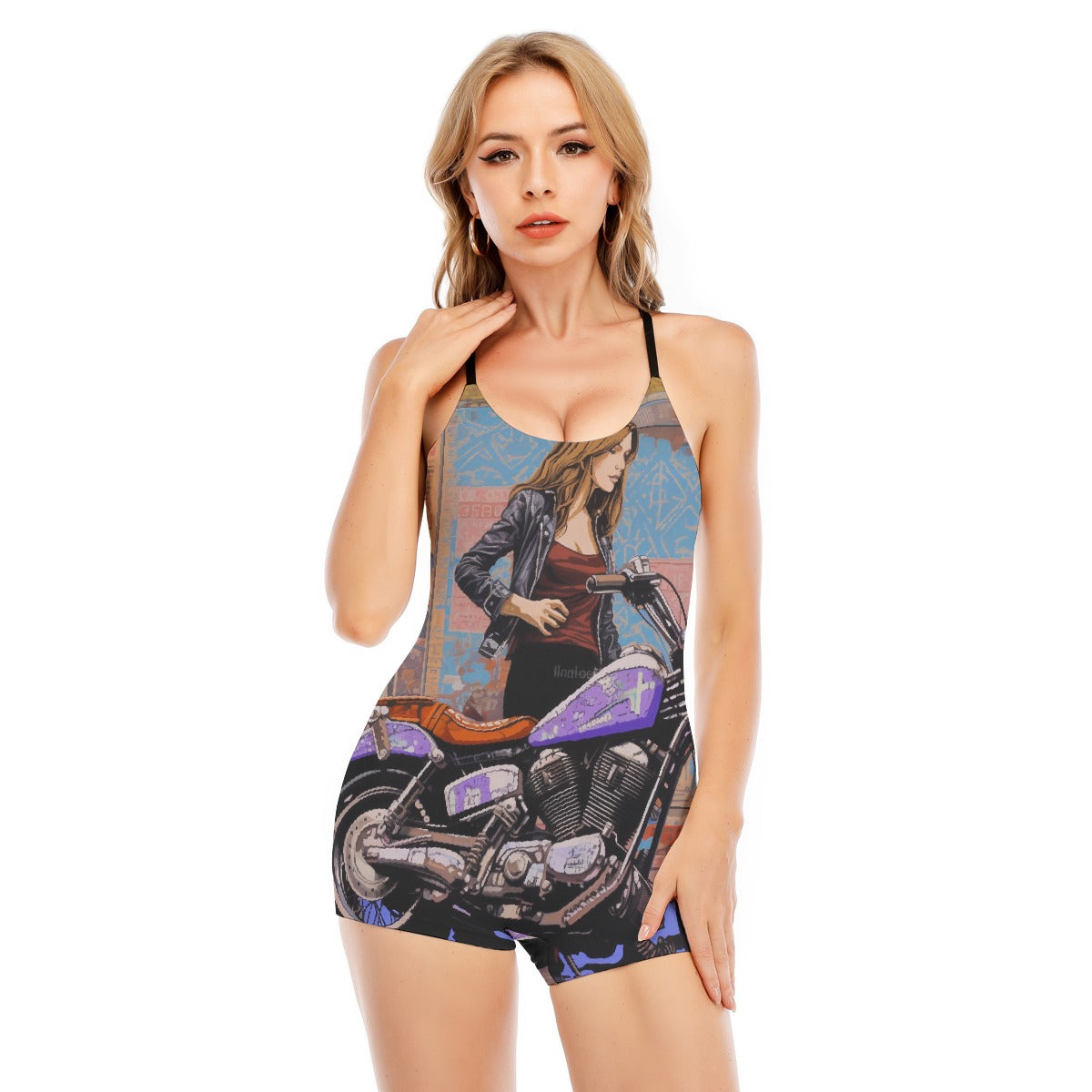 All-Over Print Women's Backless Romper With Black Straps