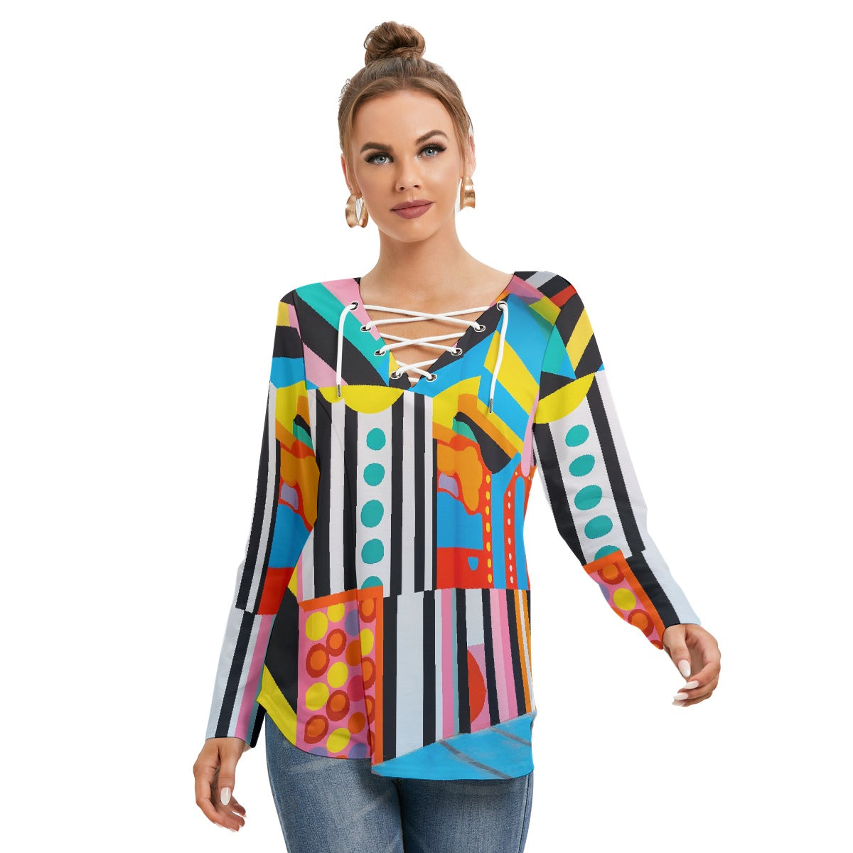 All-Over Print Women's Long Sleeve Neckline Tie Sweatshirt