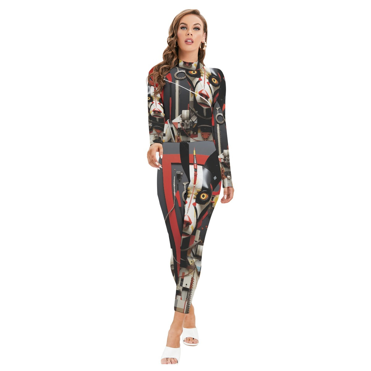All-Over Print Women's Long-sleeved High-neck Jumpsuit With Zipper