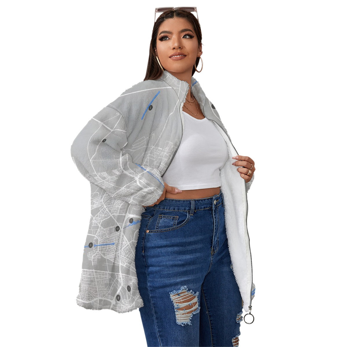 All-Over Print Unisex Borg Fleece Stand-up Collar Coat With Zipper Closure(Plus Size)