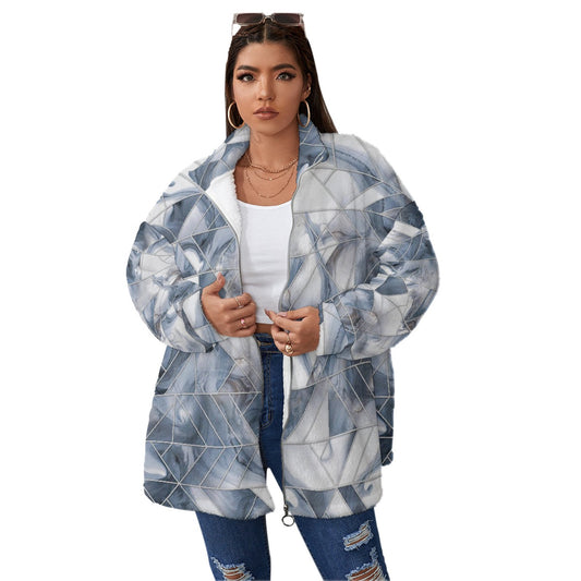 All-Over Print Unisex Borg Fleece Stand-up Collar Coat With Zipper Closure(Plus Size)