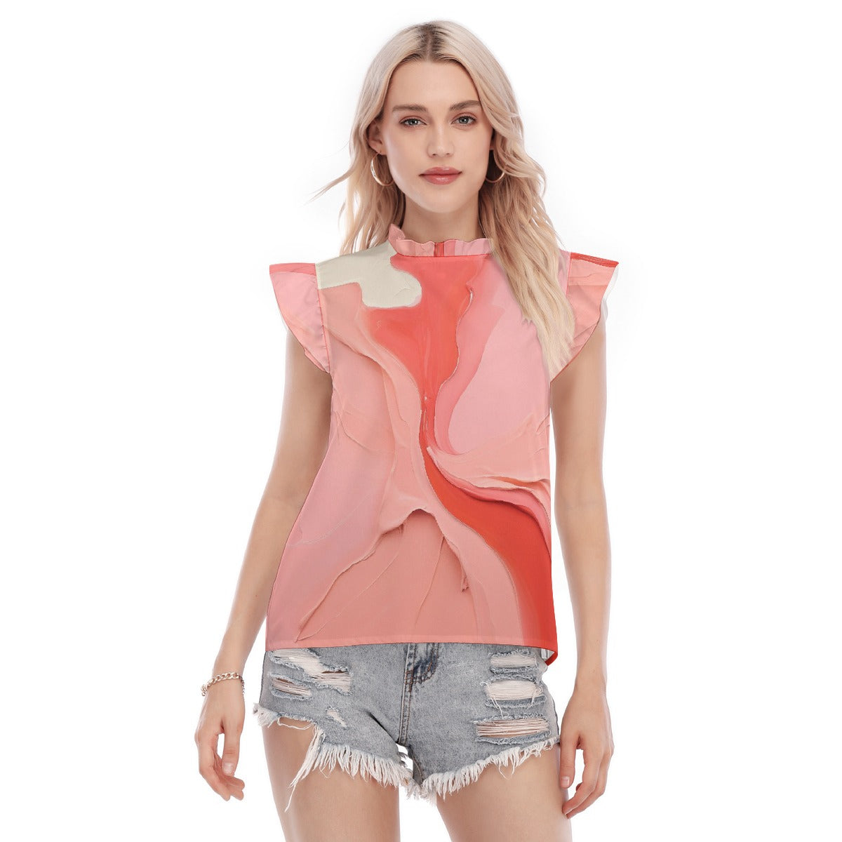 All-Over Print Women's Blouse With Ruffle Collar And Sleeve