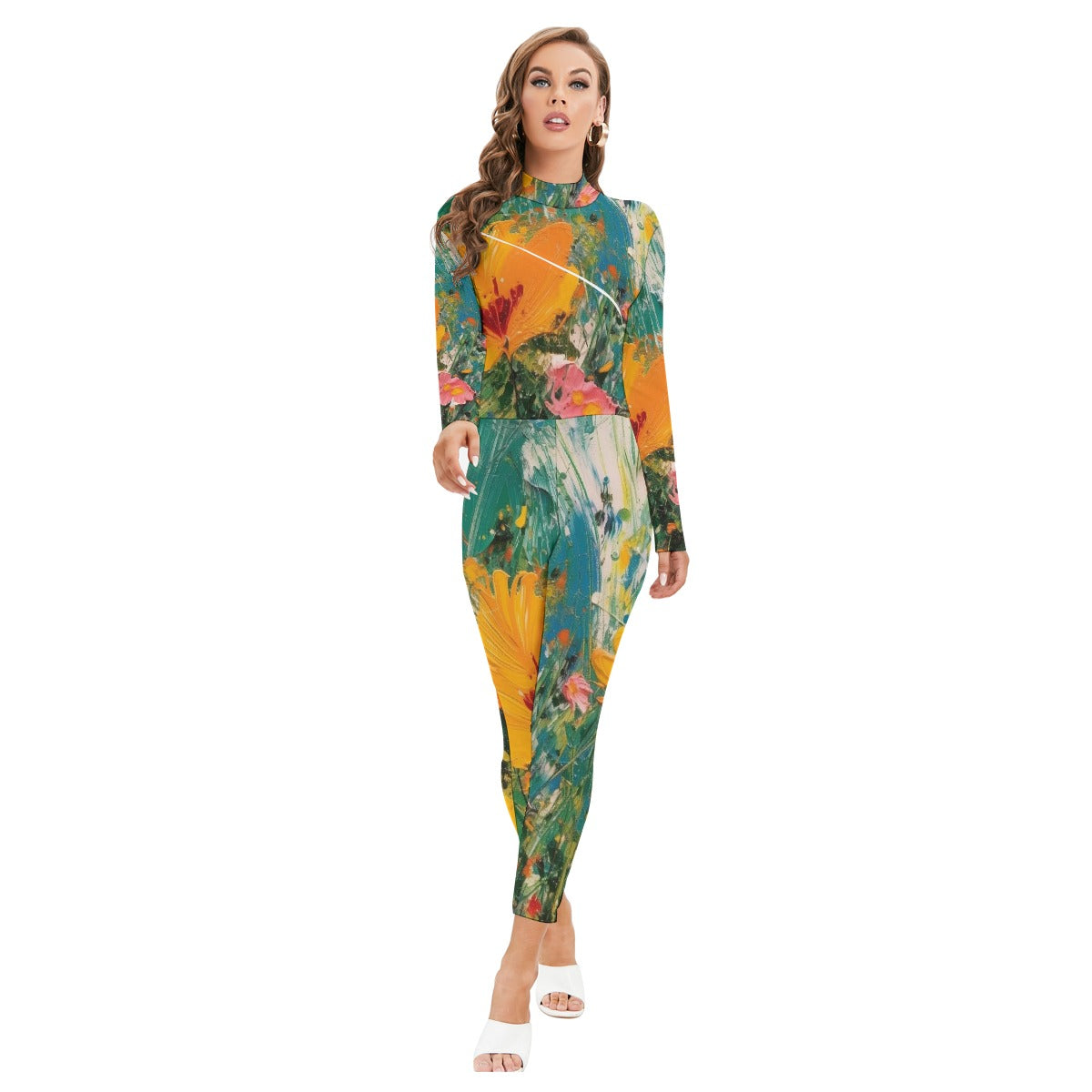 All-Over Print Women's Long-sleeved High-neck Jumpsuit With Zipper