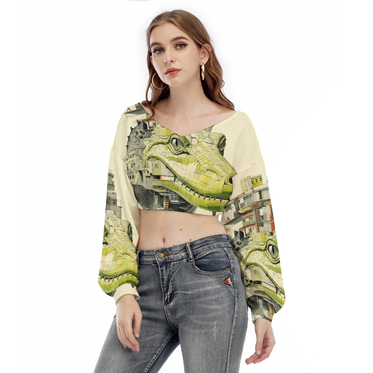 All-Over Print Women's V-neck Long Sleeve Cropped Sweatshirt