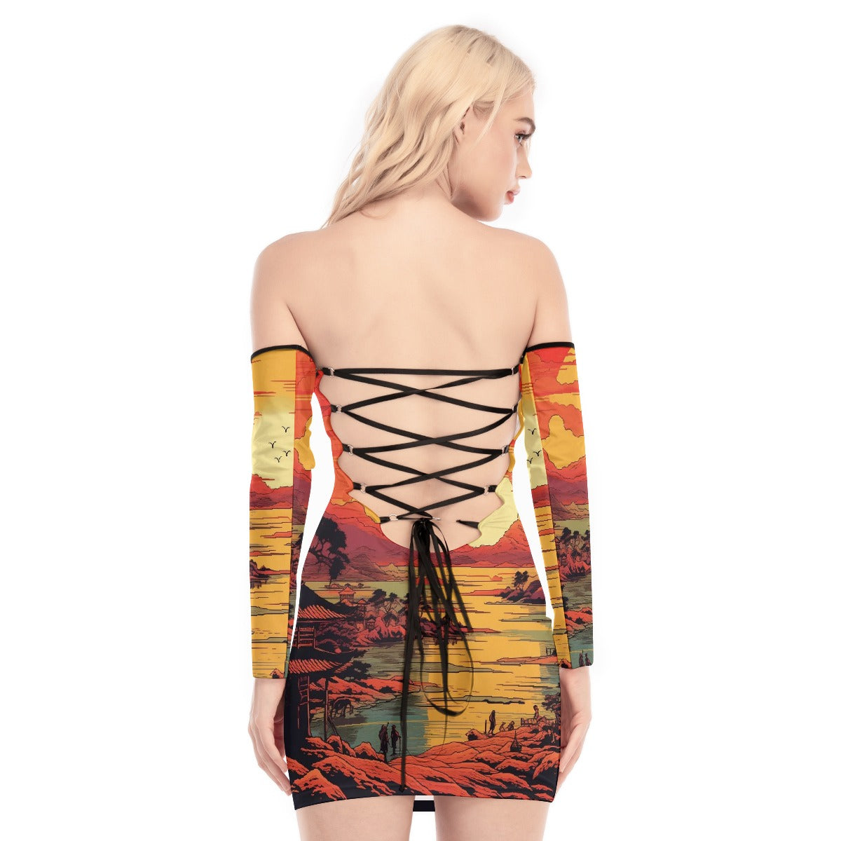 All-Over Print Women's Off-shoulder Back Lace-up Dress