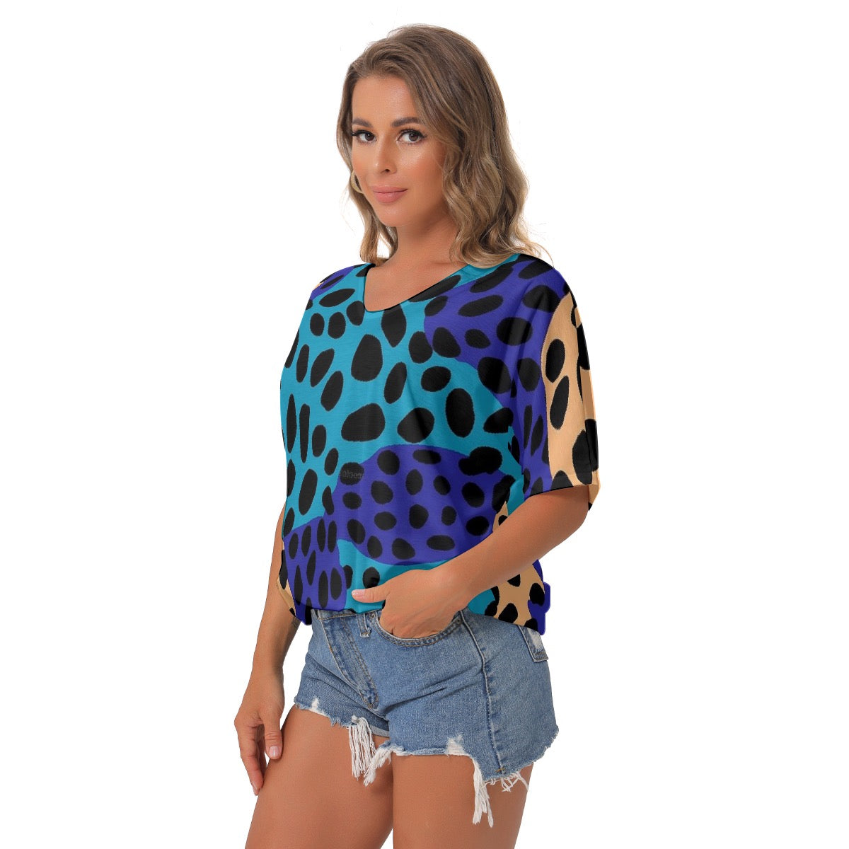 All-Over Print Women's Bat Sleeves V-Neck Blouse