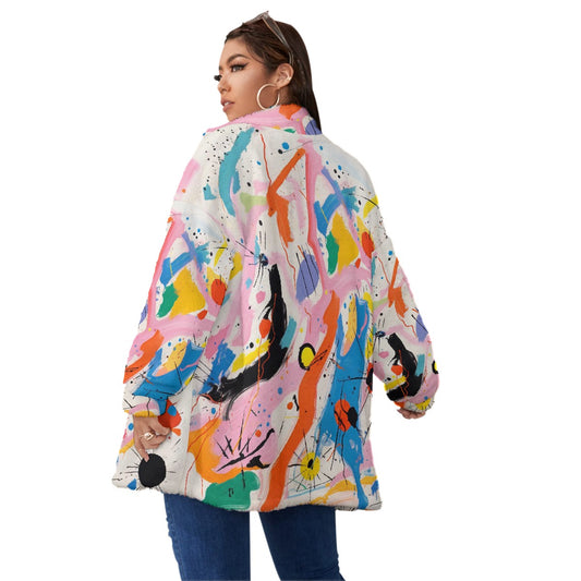 All-Over Print Unisex Borg Fleece Stand-up Collar Coat With Zipper Closure(Plus Size)