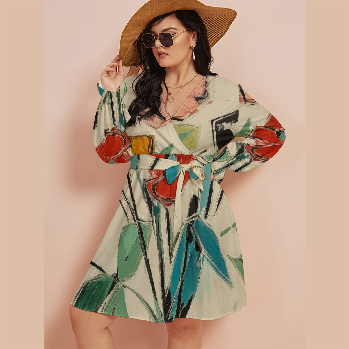 All-Over Print Women's V-neck Dress With Waistband(Plus Size)