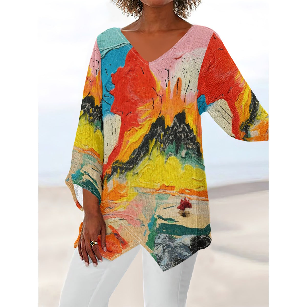 All-Over Print Women's V-neck T-shirt With Irregular Hem