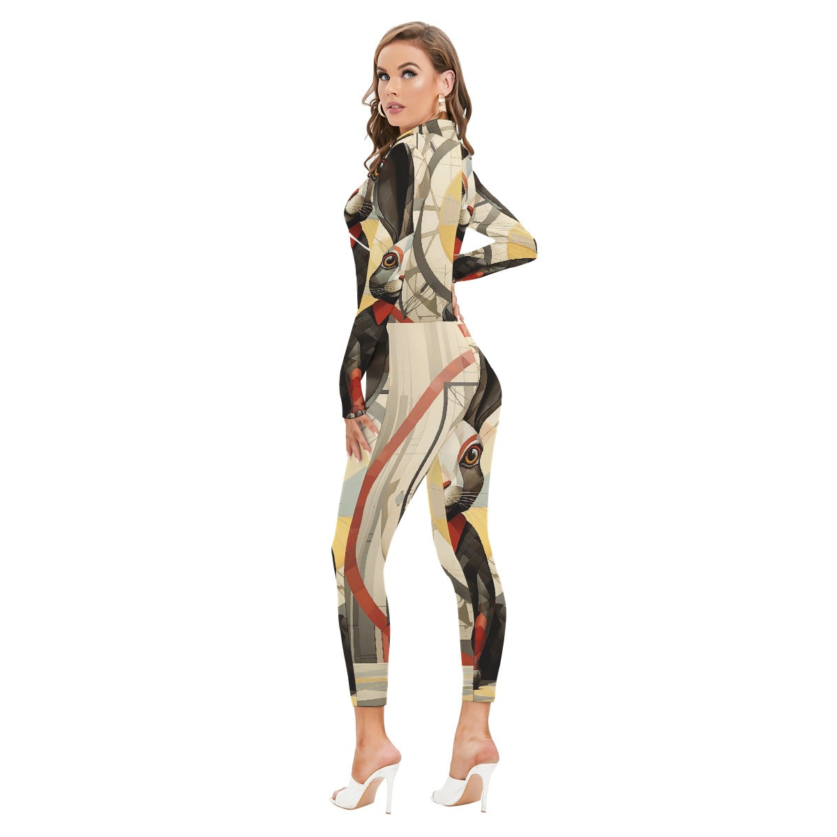All-Over Print Women's Long-sleeved High-neck Jumpsuit With Zipper