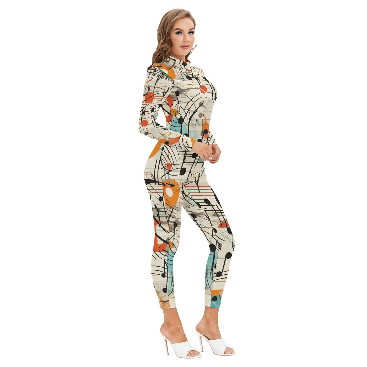 All-Over Print Women's Long-sleeved High-neck Jumpsuit With Zipper