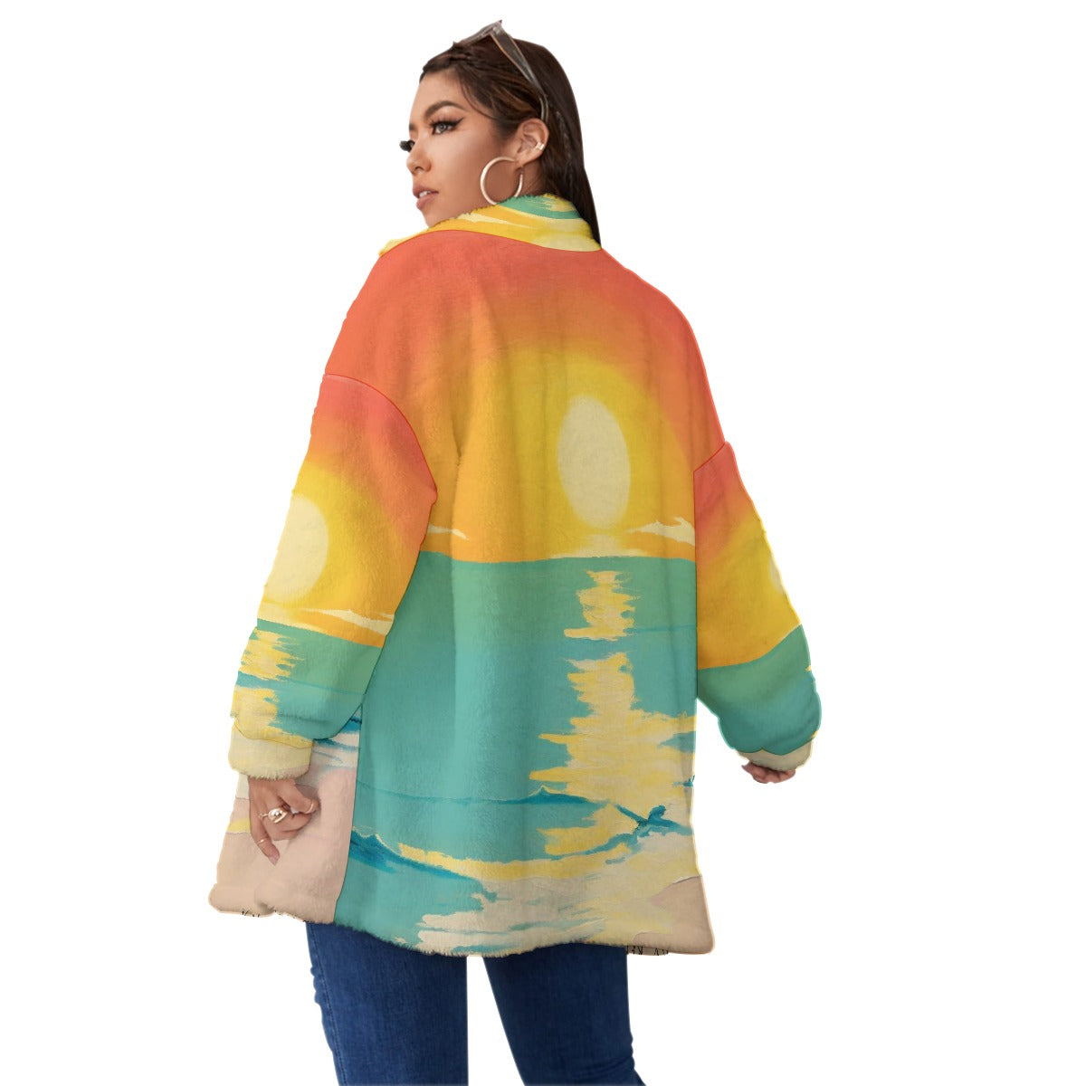 All-Over Print Unisex Borg Fleece Stand-up Collar Coat With Zipper Closure(Plus Size)