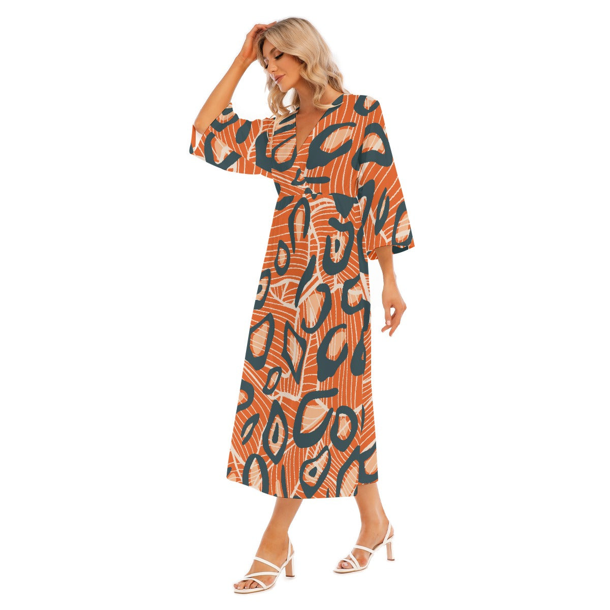 All-Over Print Women's Mid-Sleeve Long Dress