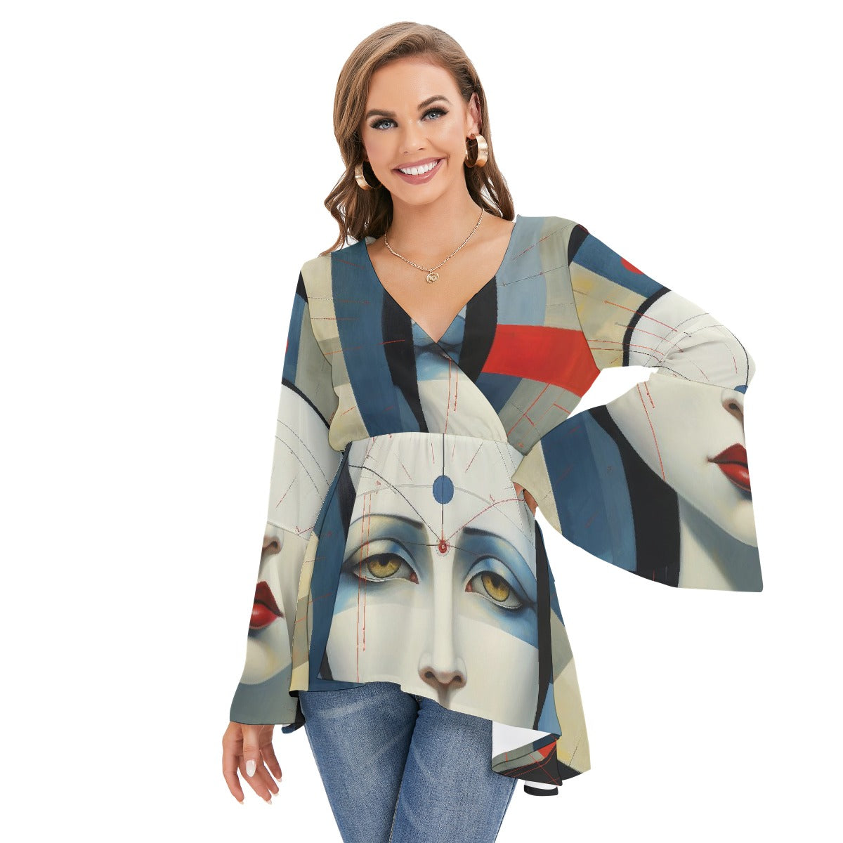 All-Over Print Women's V-neck Blouse With Flared Sleeves