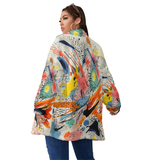 All-Over Print Unisex Borg Fleece Stand-up Collar Coat With Zipper Closure(Plus Size)