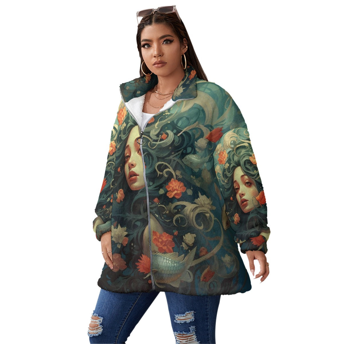 All-Over Print Unisex Borg Fleece Stand-up Collar Coat With Zipper Closure(Plus Size)
