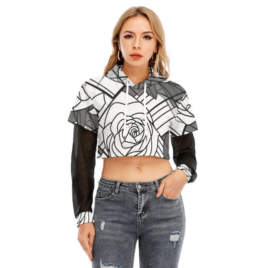 All-Over Print Women's Fake Two-piece Mesh Sleeve Cropped Hoodie
