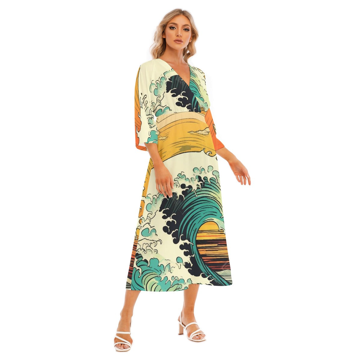 All-Over Print Women's Mid-Sleeve Long Dress