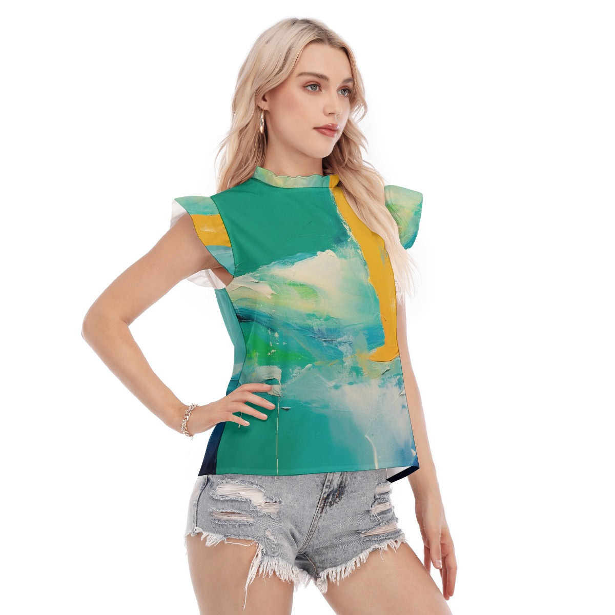 All-Over Print Women's Blouse With Ruffle Collar And Sleeve