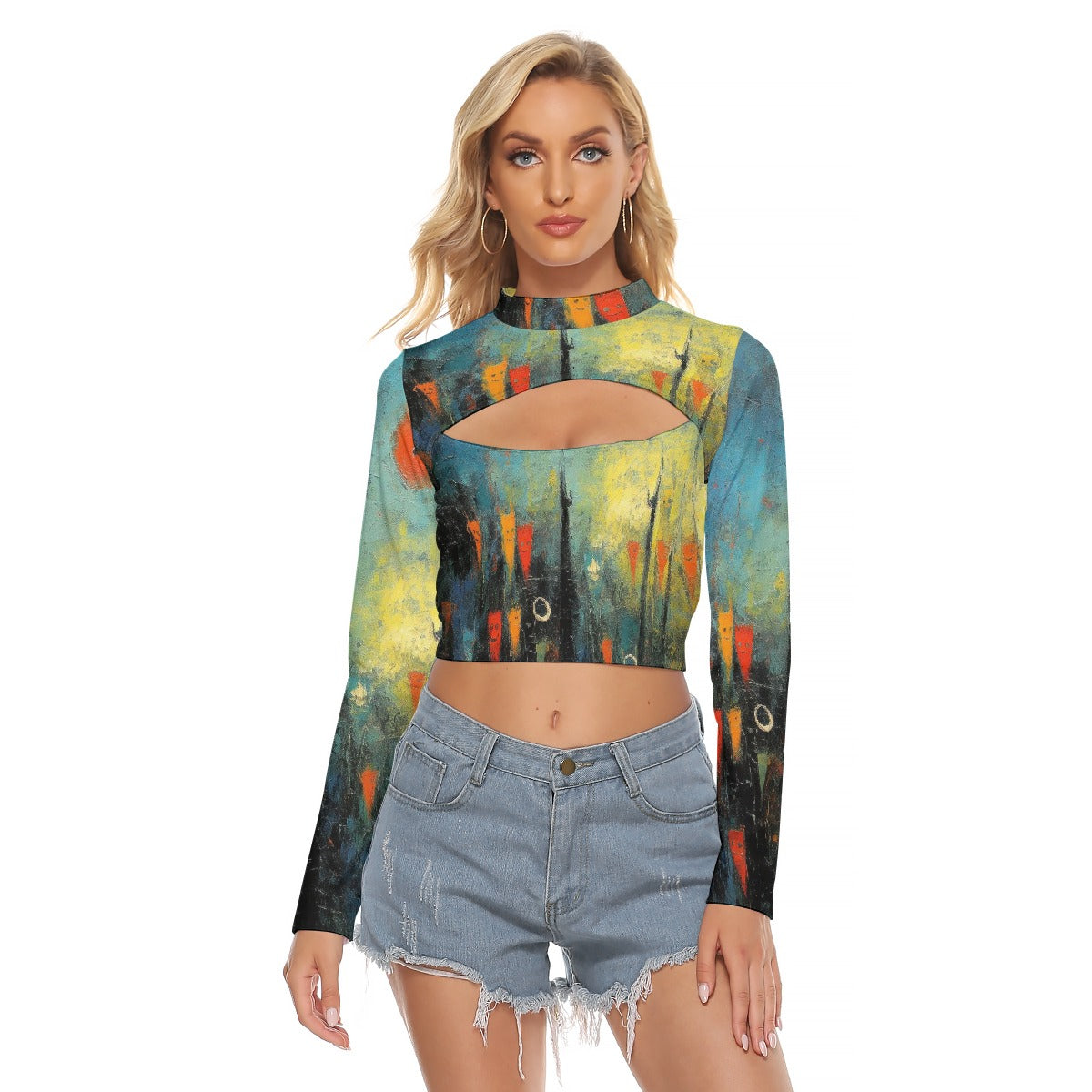 All-Over Print Women's Hollow Chest Keyhole Tight Crop Top