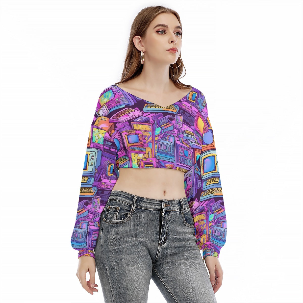 All-Over Print Women's V-neck Long Sleeve Cropped Sweatshirt