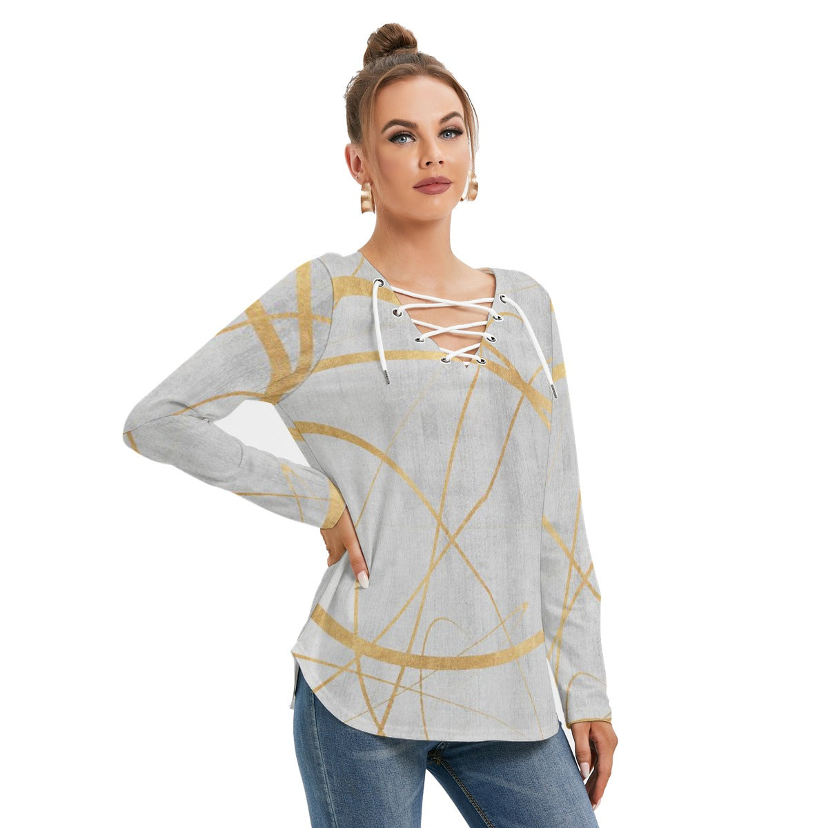 All-Over Print Women's Long Sleeve Neckline Tie Sweatshirt