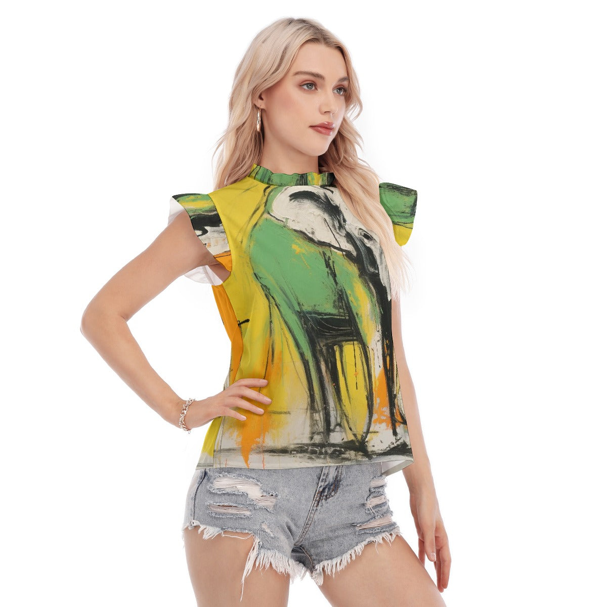 All-Over Print Women's Blouse With Ruffle Collar And Sleeve