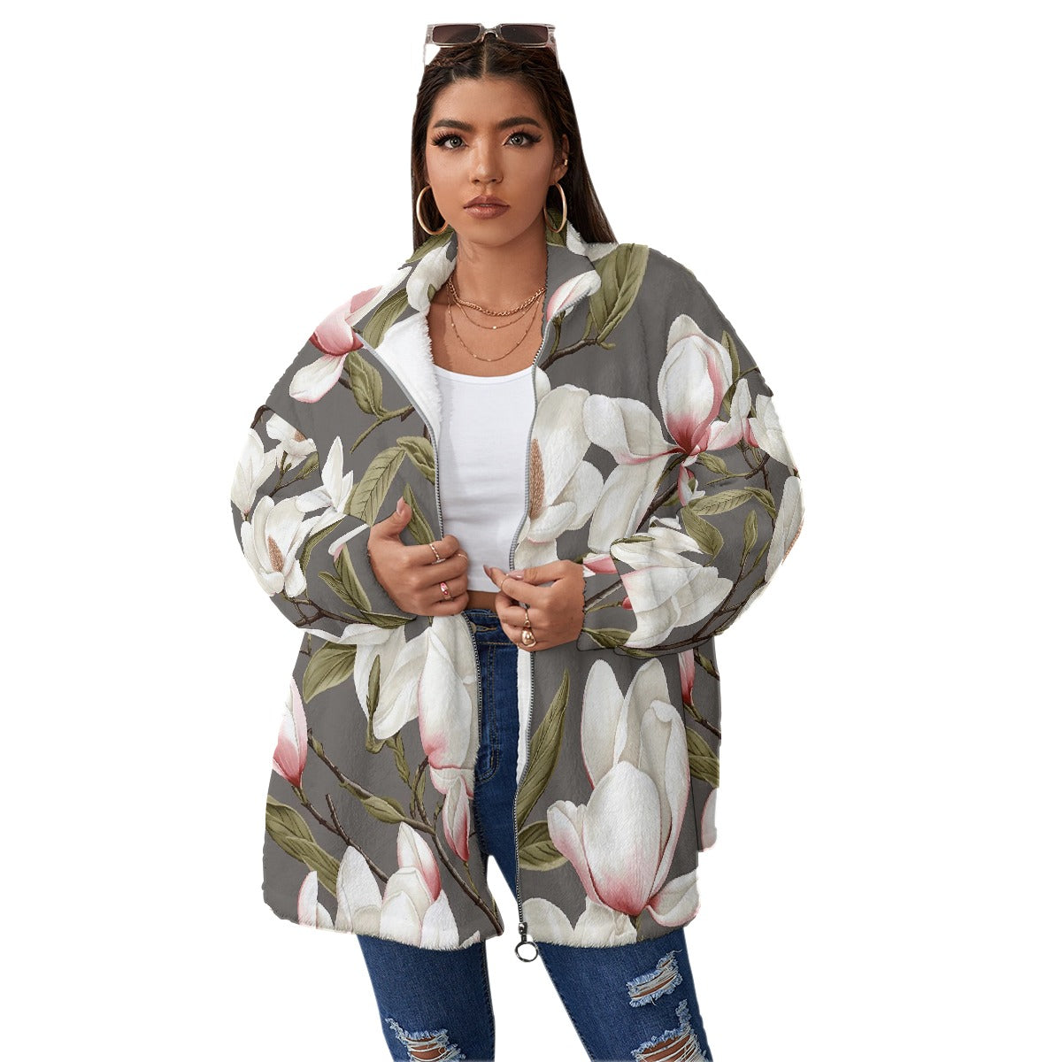 All-Over Print Unisex Borg Fleece Stand-up Collar Coat With Zipper Closure(Plus Size)