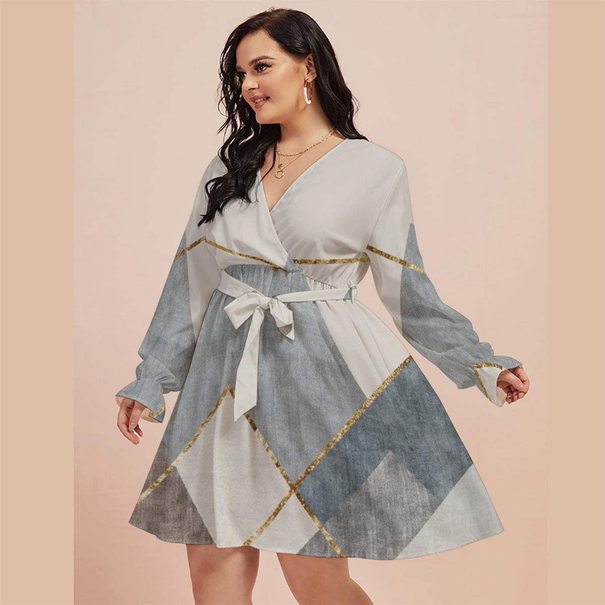 All-Over Print Women's V-neck Dress With Waistband(Plus Size)