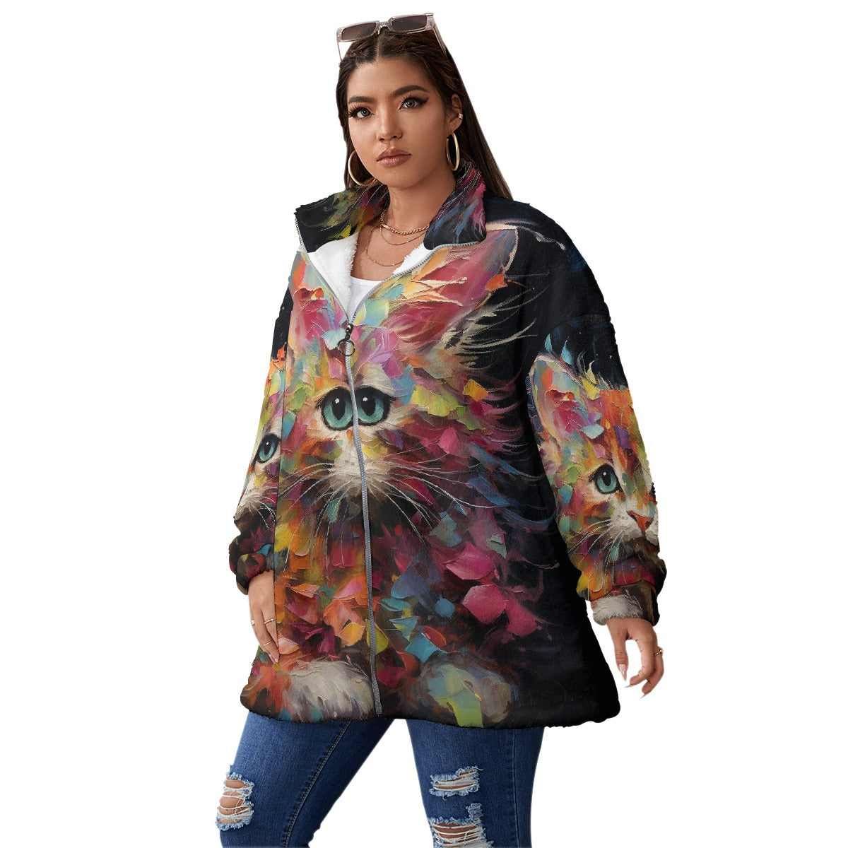 All-Over Print Unisex Borg Fleece Stand-up Collar Coat With Zipper Closure(Plus Size)