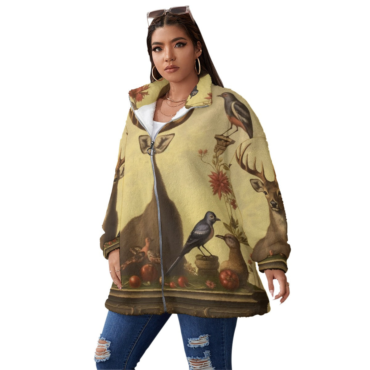 All-Over Print Unisex Borg Fleece Stand-up Collar Coat With Zipper Closure(Plus Size)