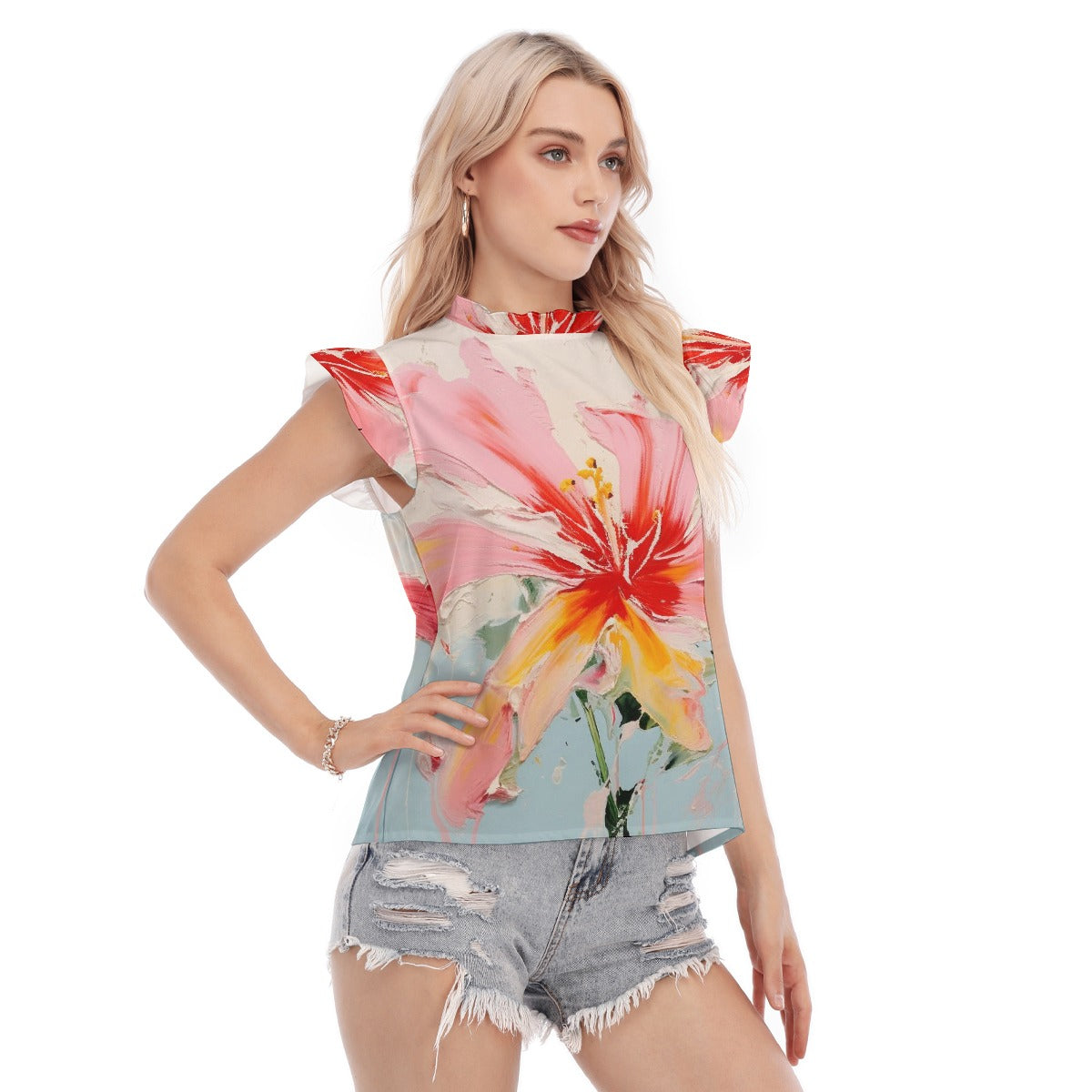 All-Over Print Women's Blouse With Ruffle Collar And Sleeve