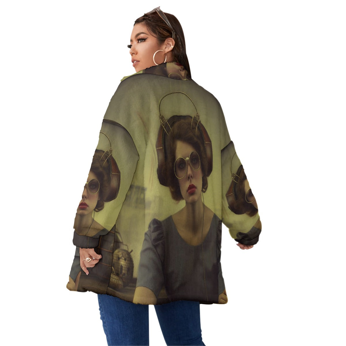 All-Over Print Unisex Borg Fleece Stand-up Collar Coat With Zipper Closure(Plus Size)