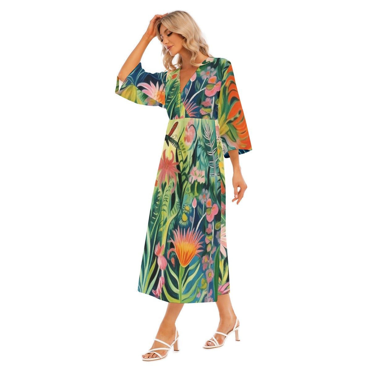 All-Over Print Women's Mid-Sleeve Long Dress