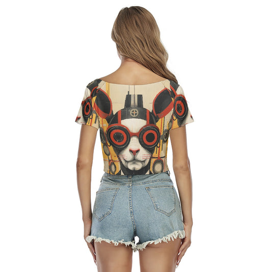 All-Over Print Women's Raglan Drawstring Front  Crop Tee