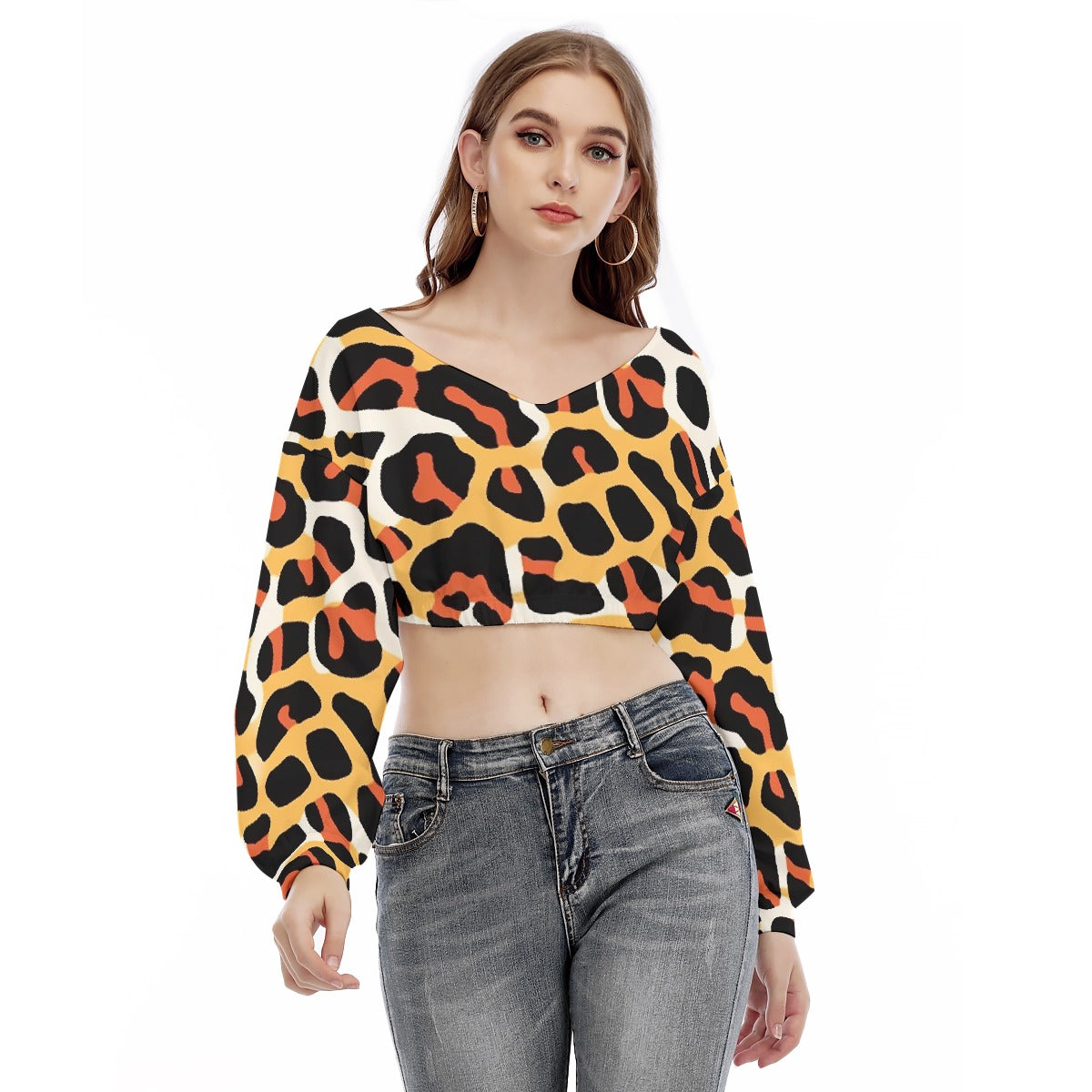 All-Over Print Women's V-neck Long Sleeve Cropped Sweatshirt