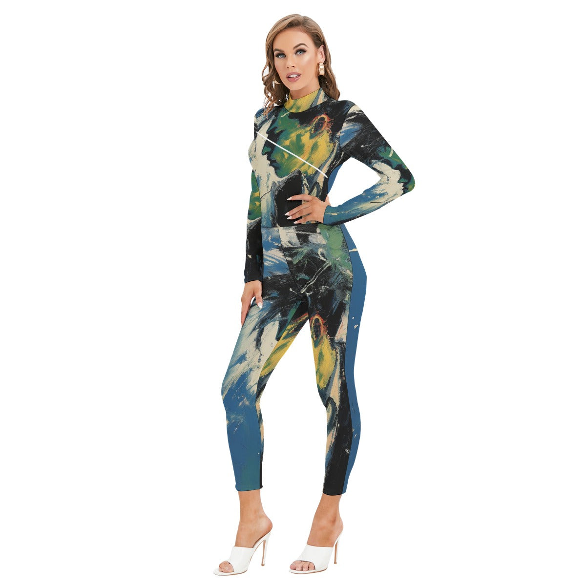 All-Over Print Women's Long-sleeved High-neck Jumpsuit With Zipper