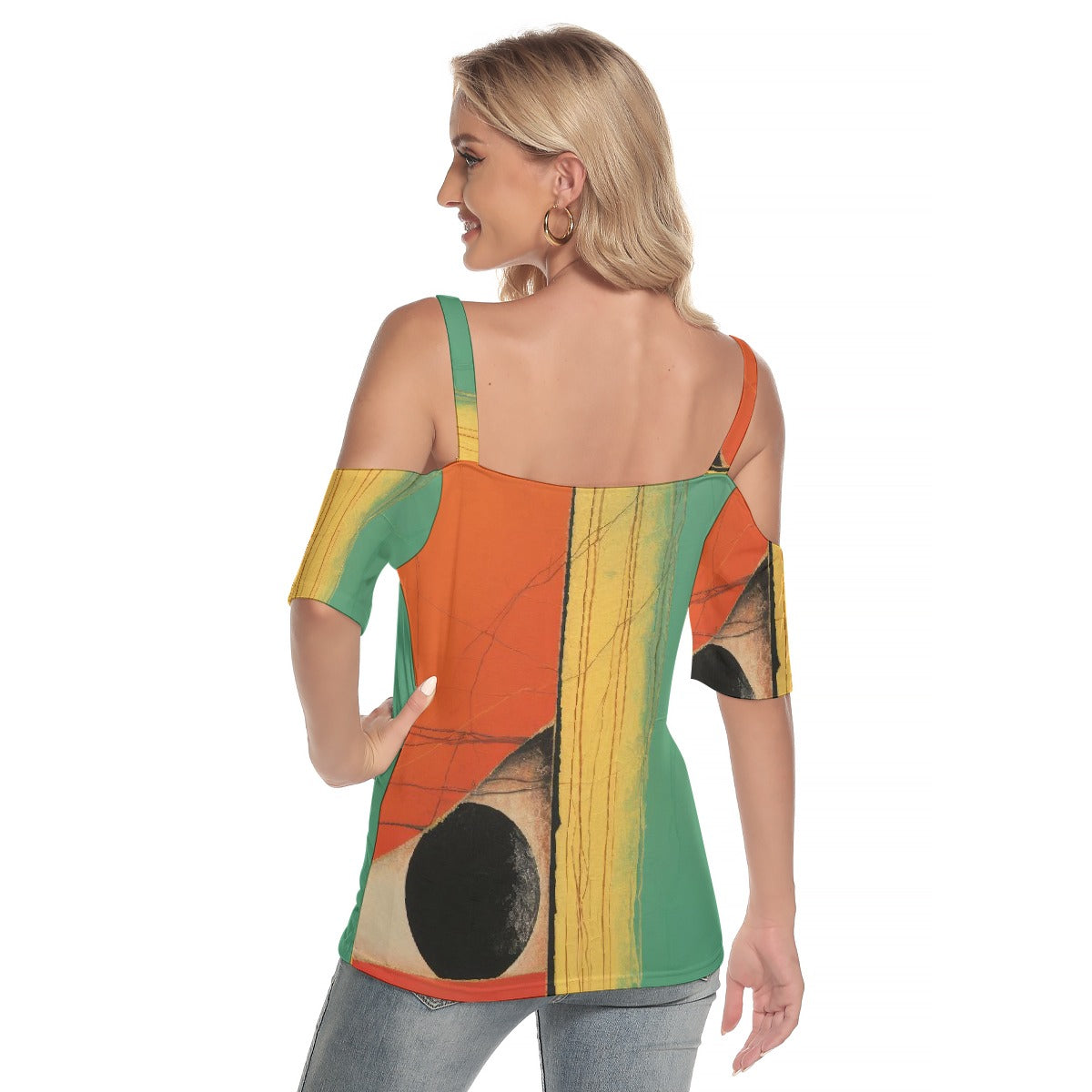 All-Over Print Women's Cold Shoulder T-shirt With Criss Cross Strips