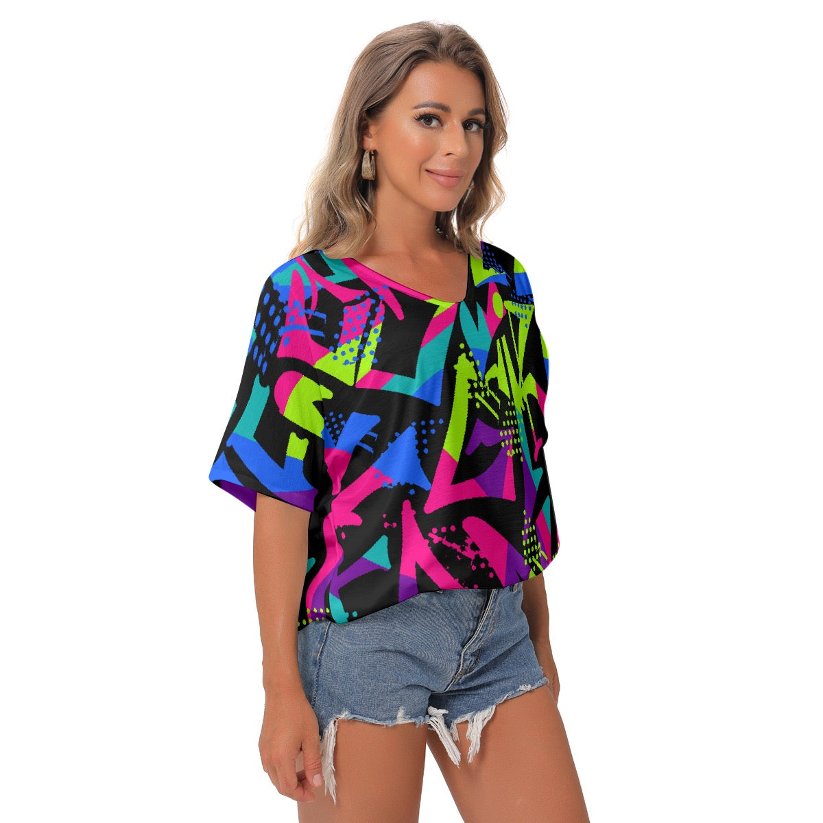 All-Over Print Women's Bat Sleeves V-Neck Blouse