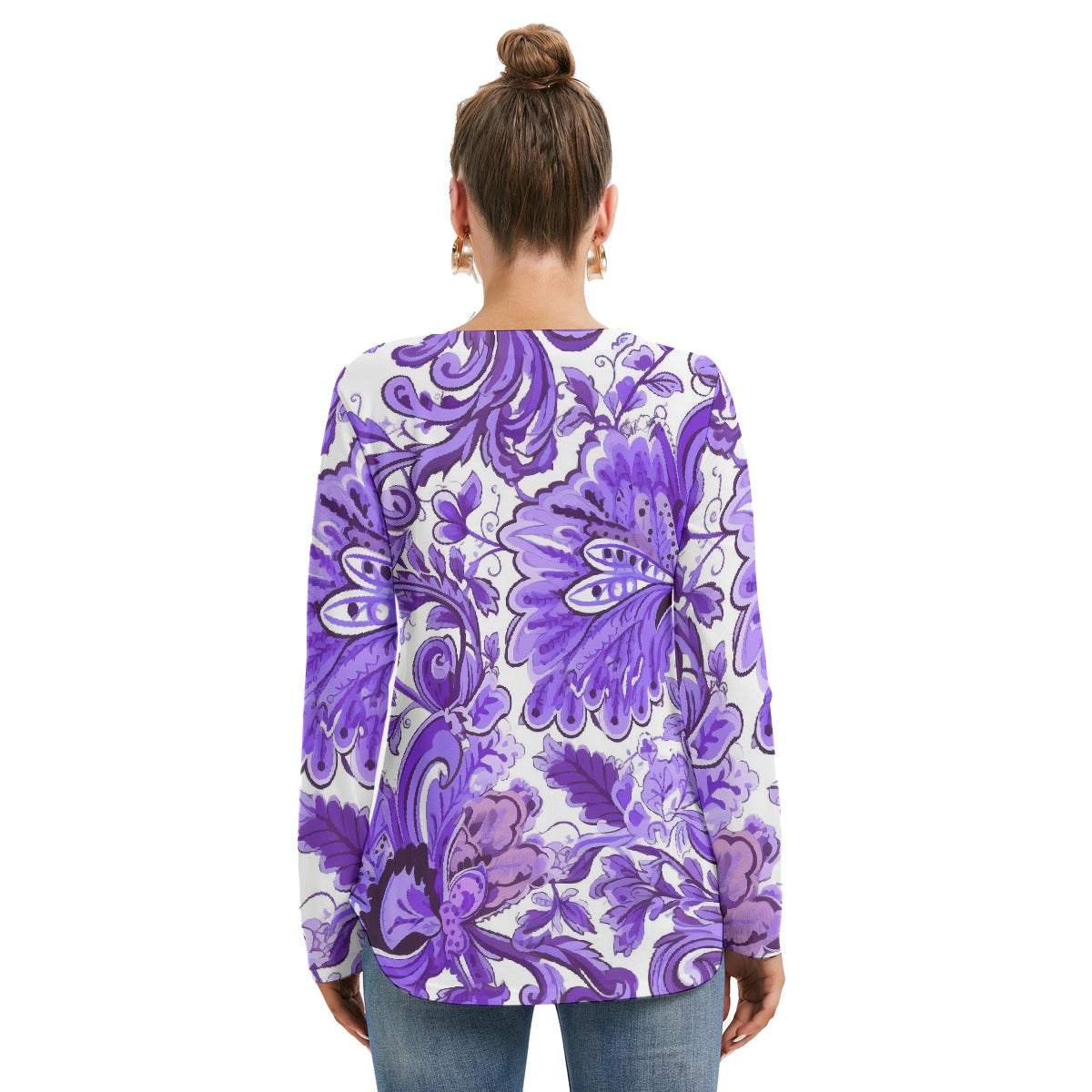 All-Over Print Women's Long Sleeve Neckline Tie Sweatshirt