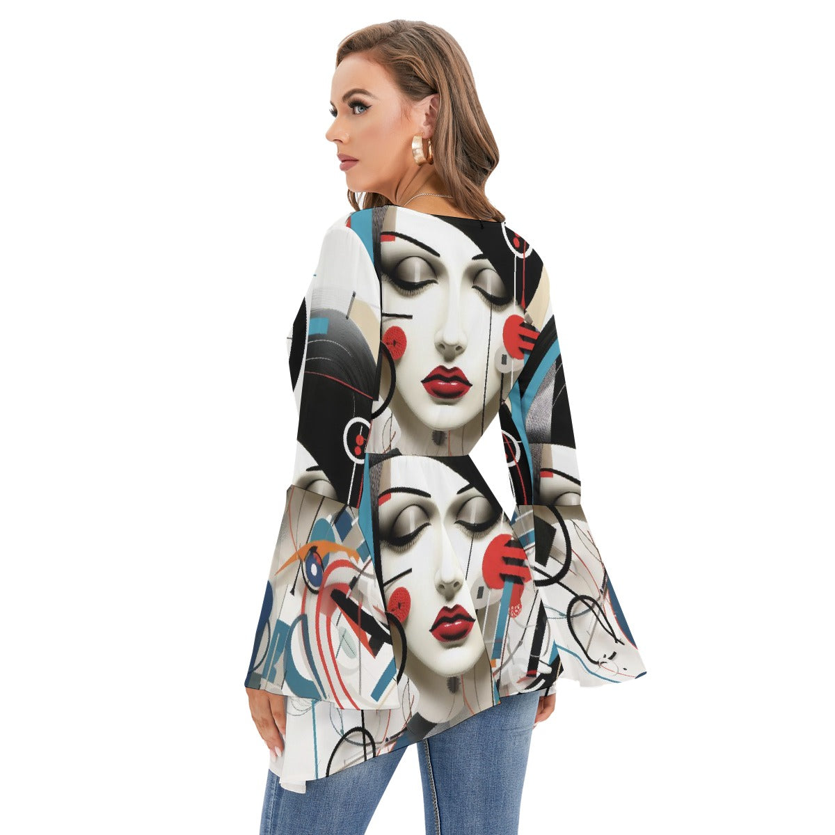 All-Over Print Women's V-neck Blouse With Flared Sleeves