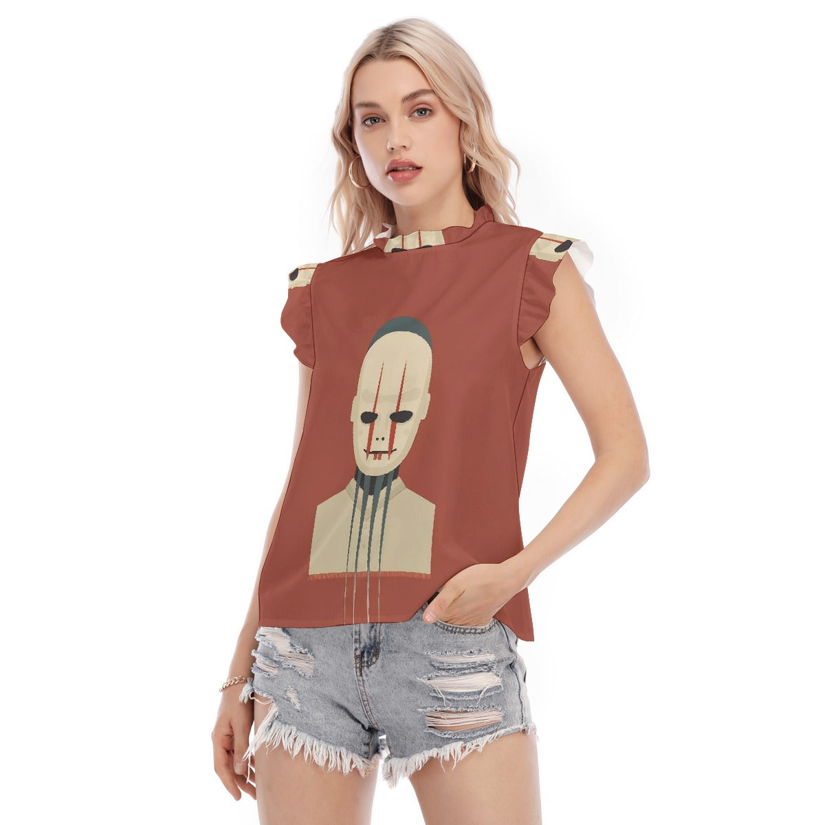 All-Over Print Women's Blouse With Ruffle Collar And Sleeve