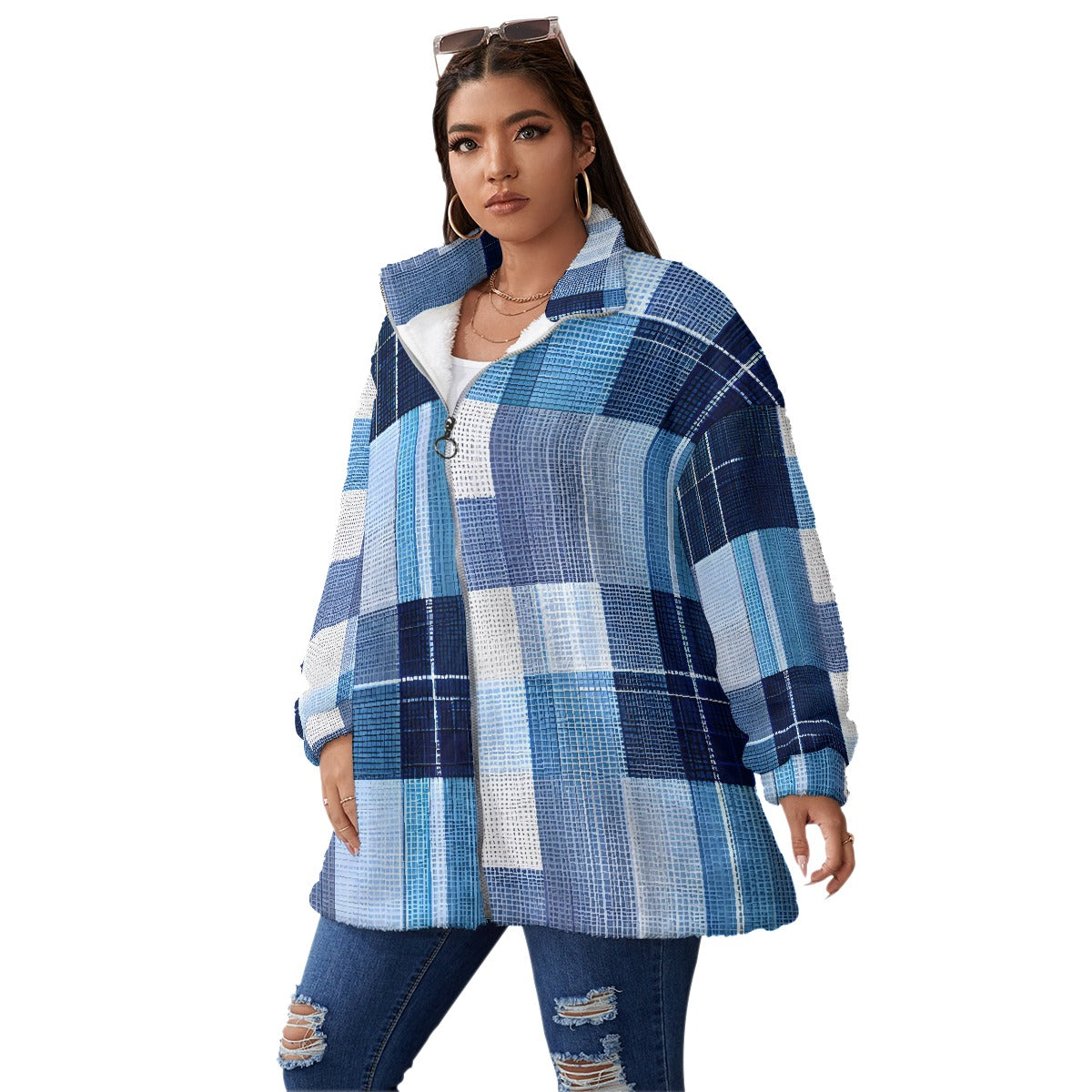 All-Over Print Unisex Borg Fleece Stand-up Collar Coat With Zipper Closure(Plus Size)