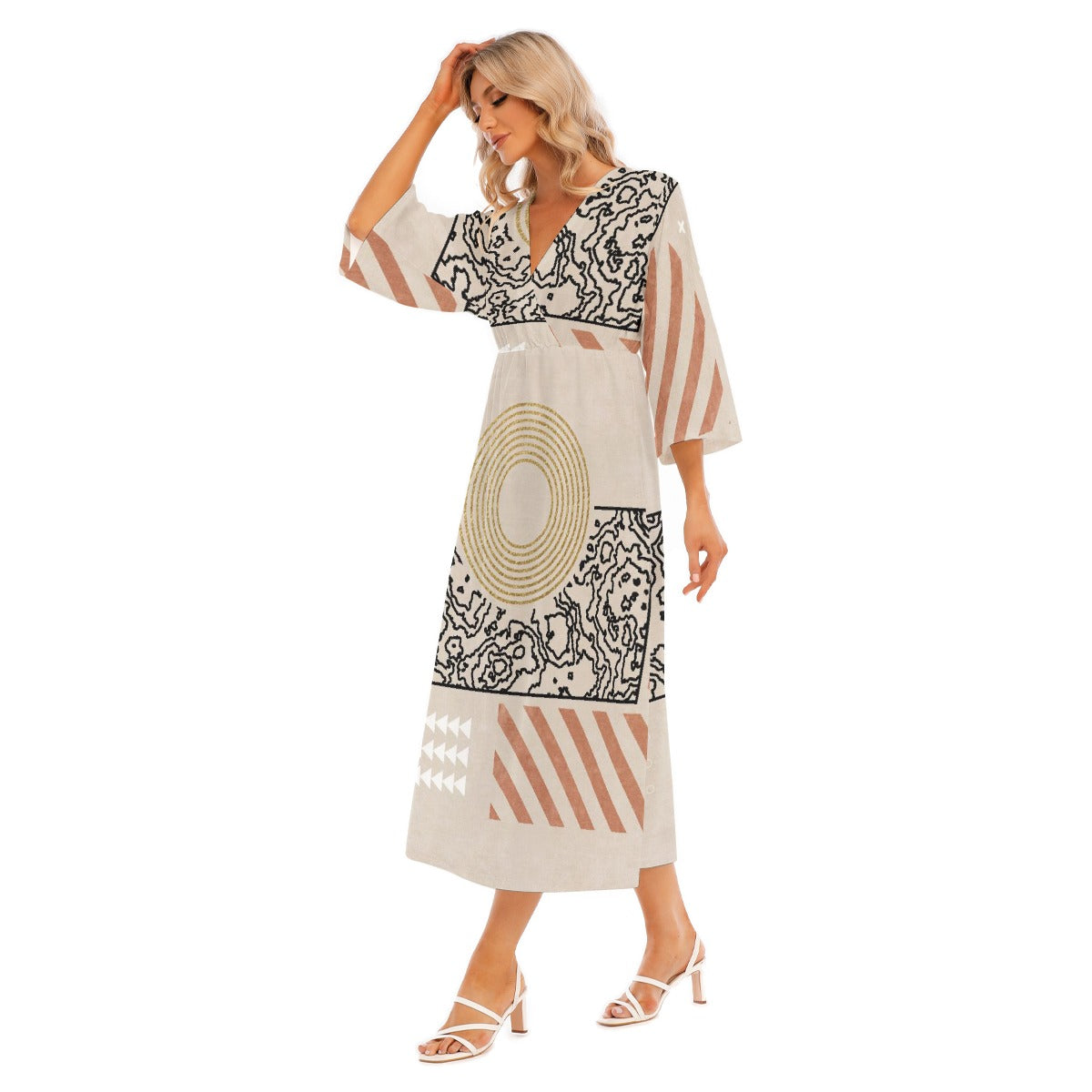 All-Over Print Women's Mid-Sleeve Long Dress