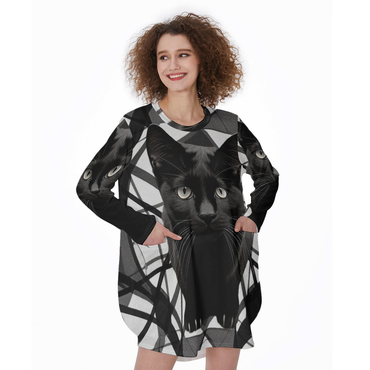 All-Over Print Women's Casual Loose Long Sleeve Dress With Pocket