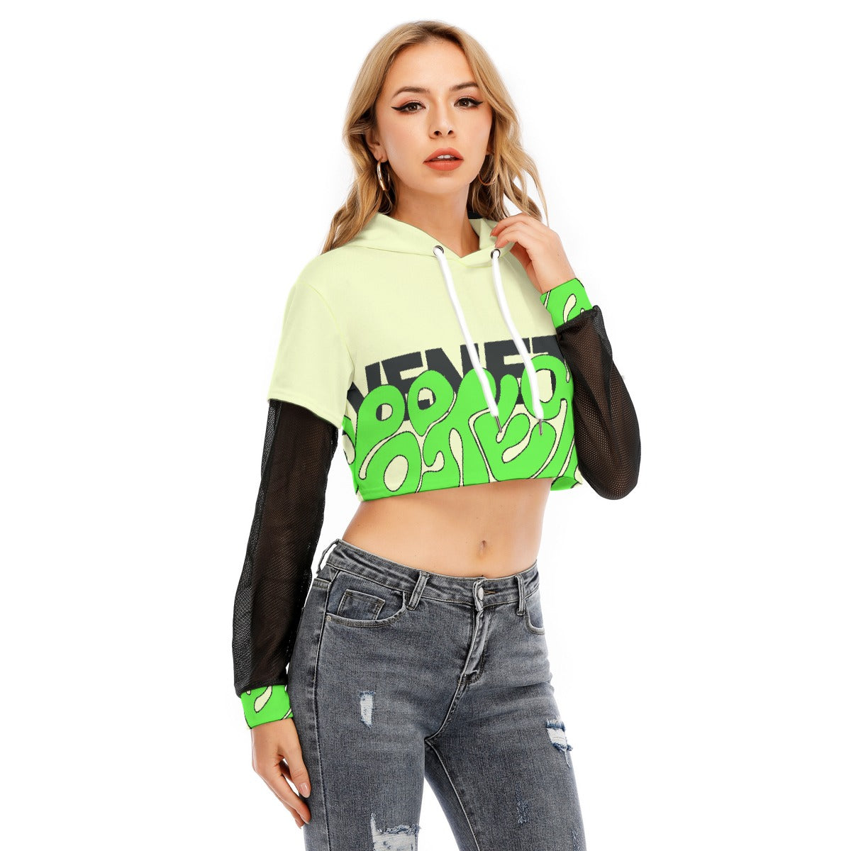 All-Over Print Women's Fake Two-piece Mesh Sleeve Cropped Hoodie