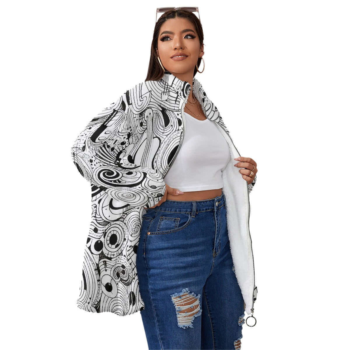 All-Over Print Unisex Borg Fleece Stand-up Collar Coat With Zipper Closure(Plus Size)