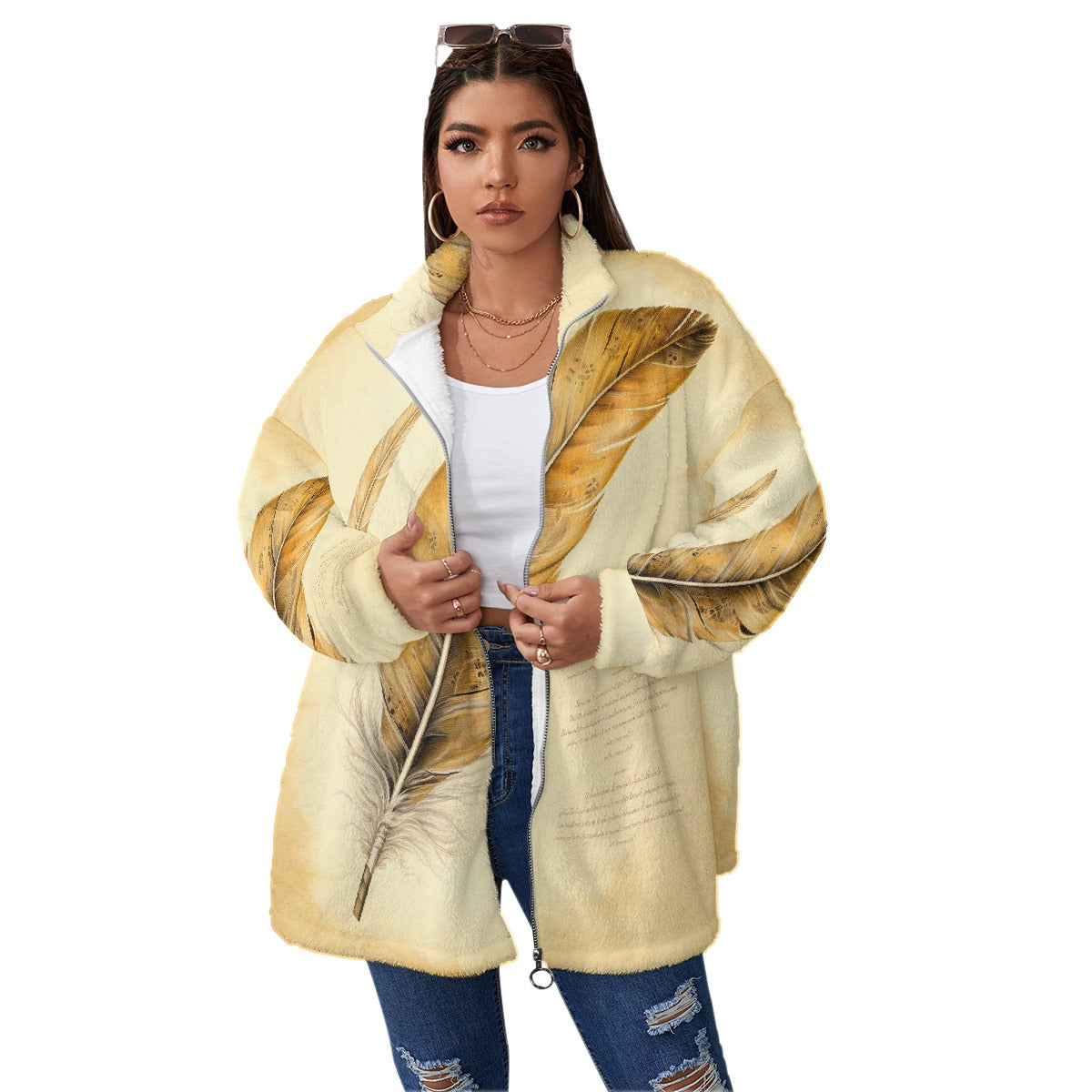 All-Over Print Unisex Borg Fleece Stand-up Collar Coat With Zipper Closure(Plus Size)